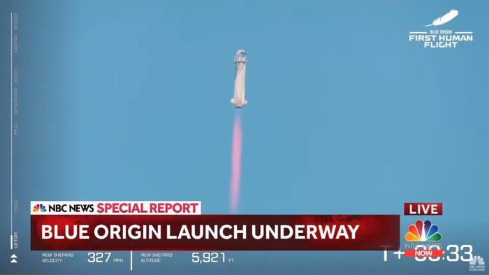 “蓝色起源”公司“新牧羊人”火箭升空瞬间 NBC视频截图