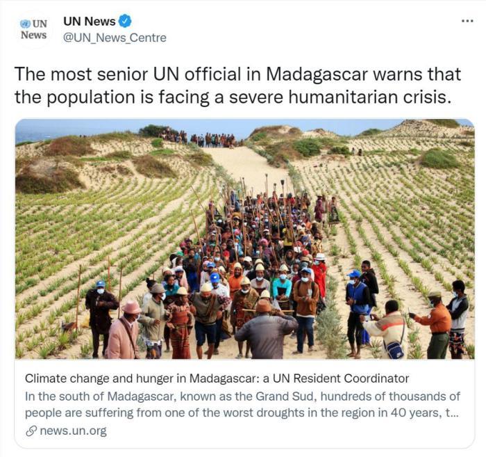 联合国官员警告,马达加斯加面临严重人道主义危机。(图片来源:联合国新闻社交网站账号截图)