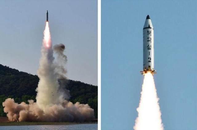 由“北极星-1”潜射导弹改进而来的“北极星-2”发射画面,注意其格栅式尾翼 图源:朝中社