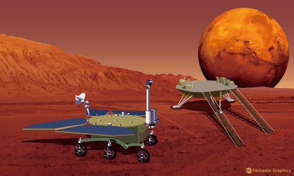 资料图片:“天问一号”着陆平台(右)和火星车(左)效果图。(视觉中国)