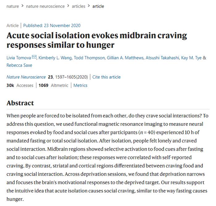 Acute social isolation evokes midbrain craving responses like hunger