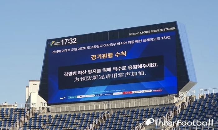 比赛现场大屏幕打出的“为预防新冠请用掌声加油”字幕(图源:韩媒)