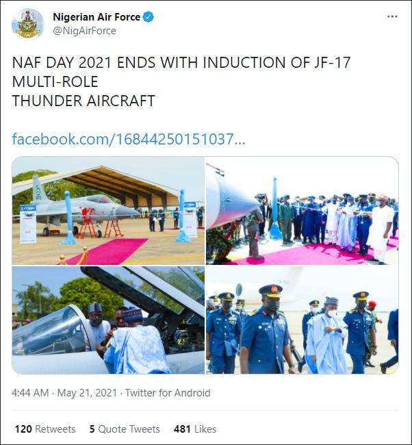 尼日利亚空军正式列装JF-17。图自尼日利亚空军官方推特。
