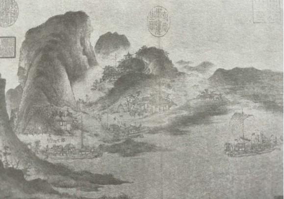 宋《江帆山市图》,山村的市与商船。
