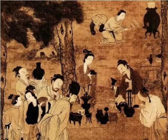 宋《博古图》局部,文人墨客把玩古董。