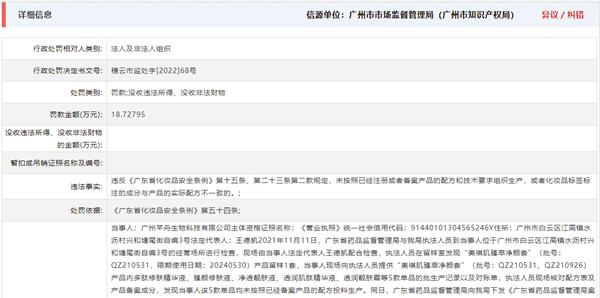 广州芊舟生物4款单品“所投原料与备案配方不一致”被罚18万元