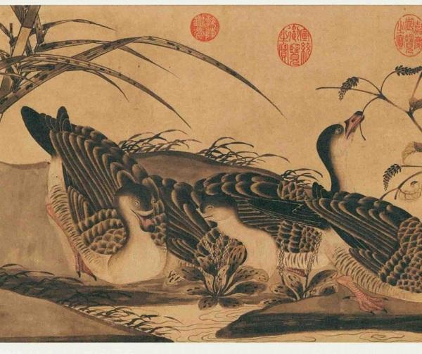 北宋 宋徽宗 《柳鸭芦雁图》局部 上海博物馆藏