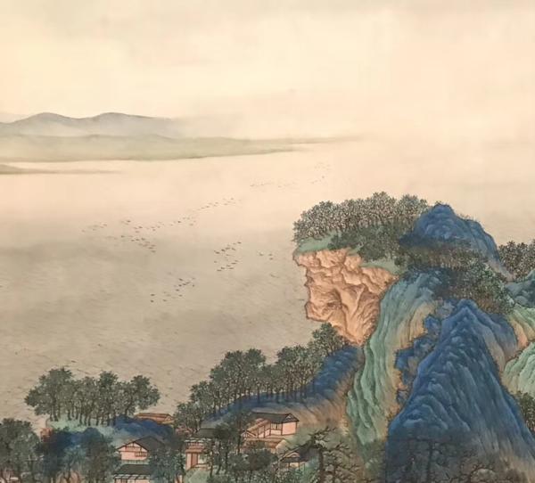 清代宫廷画家王炳临摹《千里江山图卷》局部