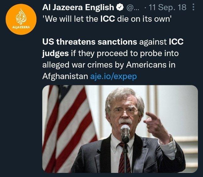 美国威胁,如国际刑事法院调查美在阿富汗战争罪行指控,将制裁该机构官员。图片来源:卡塔尔半岛电视台报道截图。
