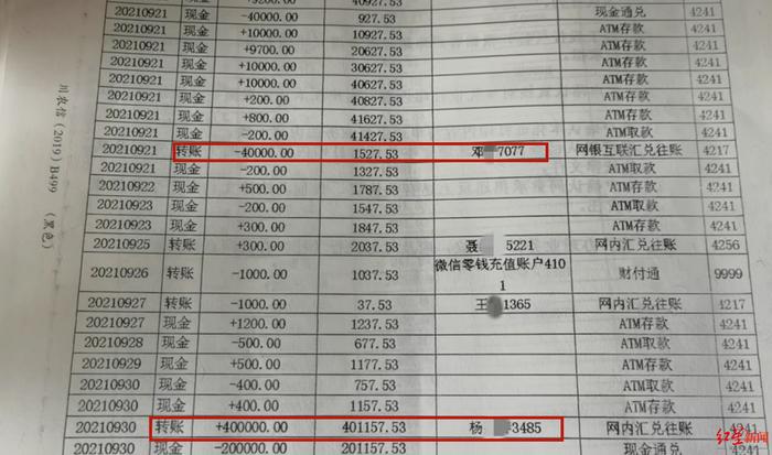 ▲简女士个人账户流水显示，与邓某有资金往来，也有杨某的走账。▲2021年