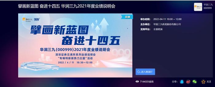 深市专精特新企业高管在线答疑 超7万人次观看华润三九业绩说明会