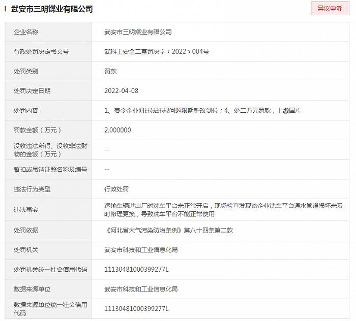 武安市三明煤业因洗车平台不能正常使用被处罚