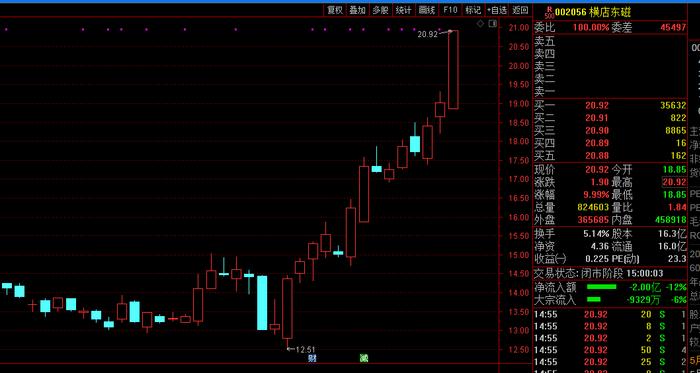 龙虎榜：横店东磁放量涨停 两机构买入近1亿元