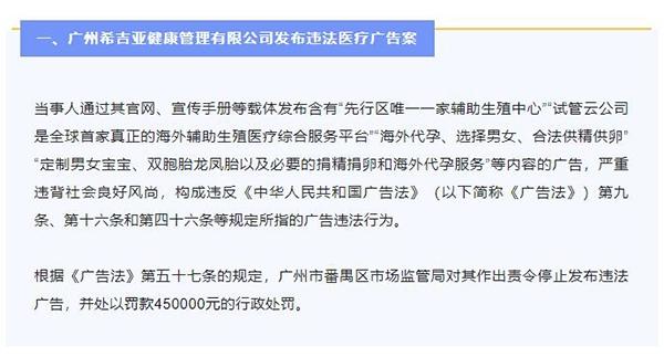 广州希吉亚健康管理有限公司发布“海外代孕”等违法医疗广告被罚45万