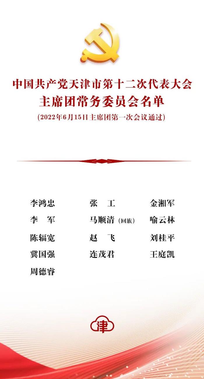 时政 | 中国共产党天津市第十二次代表大会主席团、主席团常务委员会、秘书长、副秘书长、代表资格审查委员会名单