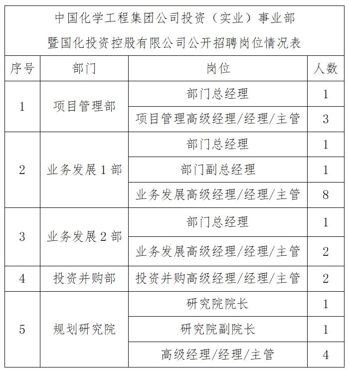 【社招】中国化学投资（实业）事业部暨国化投资控股公司面向社会公开招聘