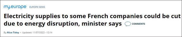 法国经济部长：俄罗斯可能切断天然气供应，企业做好冬季断电准备