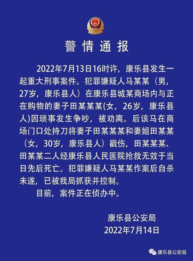 甘肃临夏一男子持刀将妻子和妻姐戳伤致二人死亡，后自杀未遂被抓