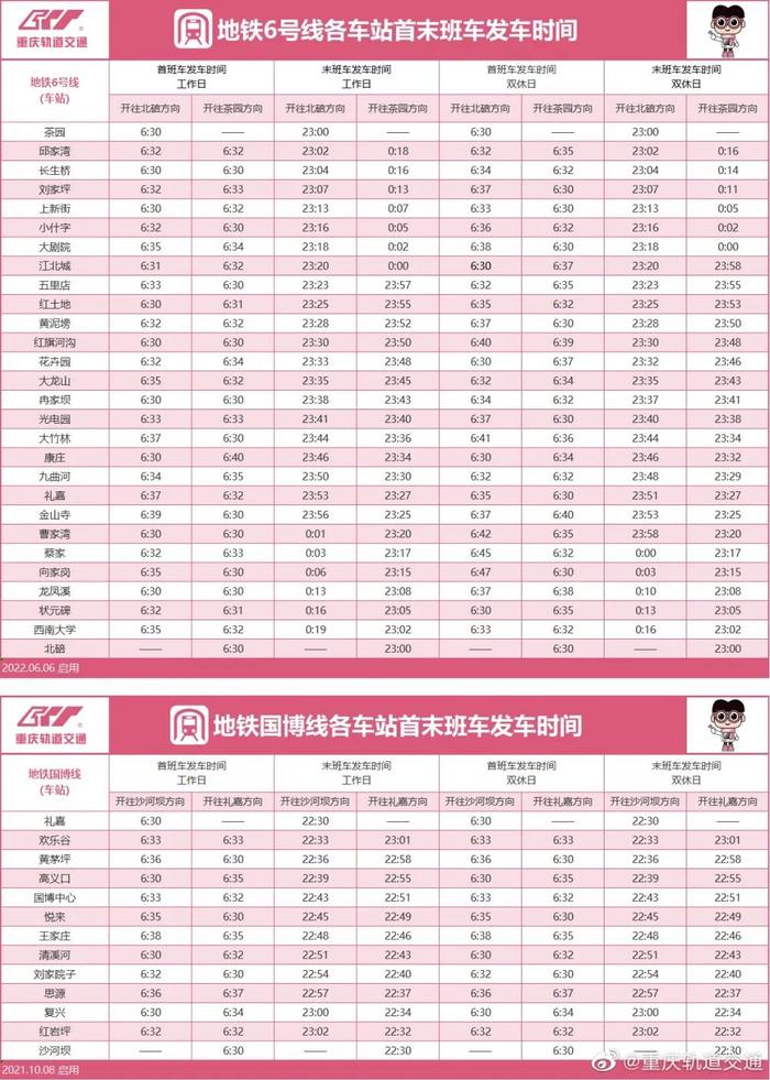 重庆轨道交通各线路最新运营时刻表来啦，赶紧Get起来