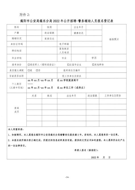 揭阳市公安局揭东分局2022年公开招聘警务辅助人员公告