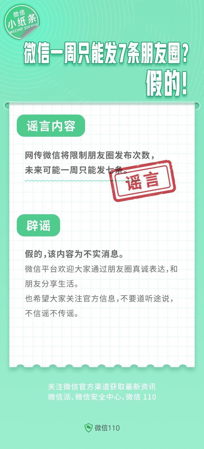 微信辟谣：网传“一周只能发7条朋友圈”为不实消息