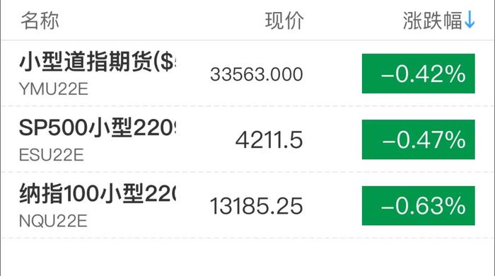 美股期指普跌 小型标普500期货现跌近0.5%