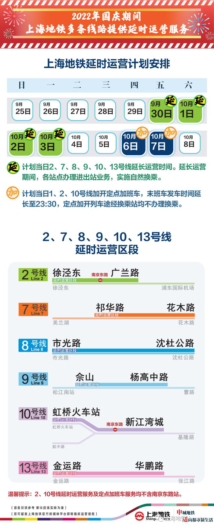 国庆长假期间，上海这6条地铁线路连续4天延时运营