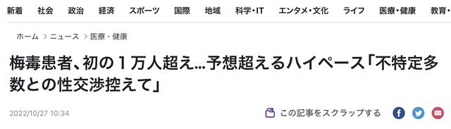 日媒：日本梅毒确诊病例年度累计首次超1万例，专家发出警告