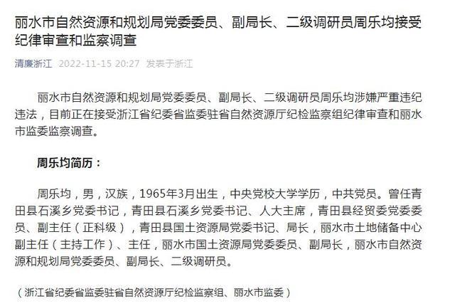 丽水市自然资源和规划局党委委员、副局长、二级调研员周乐均接受纪律审查和监察调查