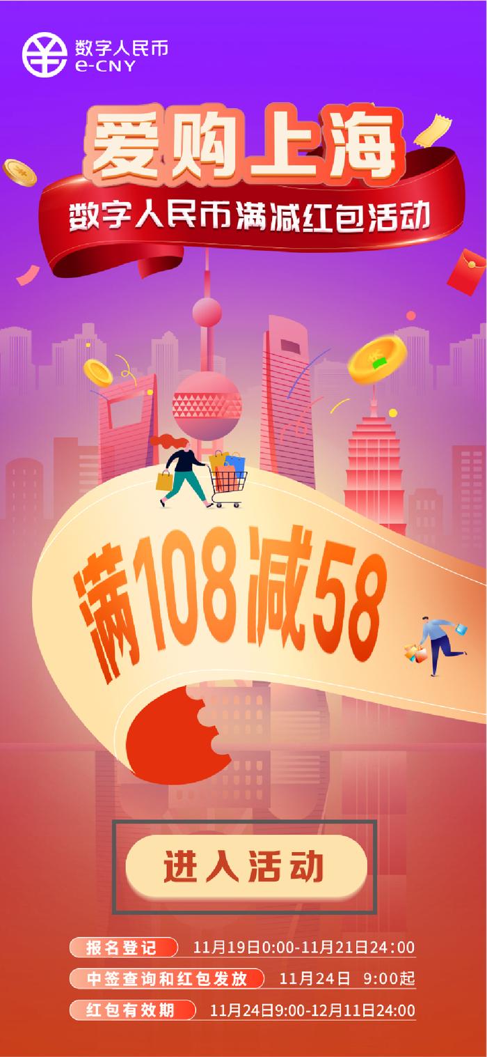 满108元减58元！上海70万个数字人民币满减红包来了，活动报名入口在此→