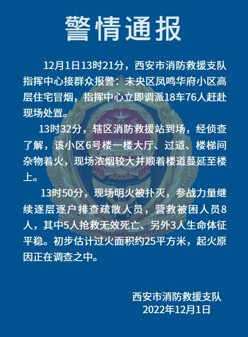 西安消防：一小区高层住宅着火致5人死亡，起火原因正在调查