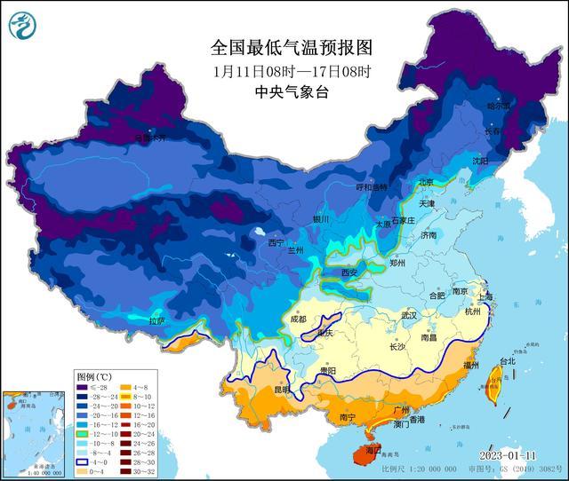 中央气象台继续发布寒潮蓝色预警：寒潮天气将自西向东影响我国大部地区