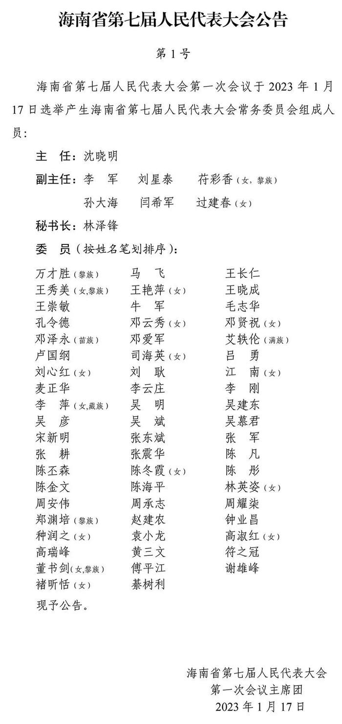 新一届海南省人大常委会主任、副主任、秘书长、委员名单