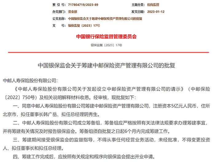 银保监会：同意中邮人寿保险股份有限公司筹建中邮保险资产管理有限公司