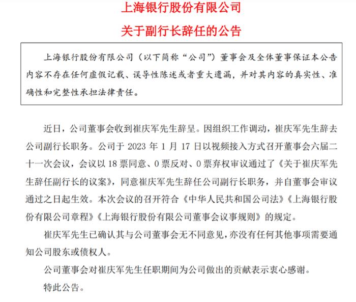 上海银行副行长崔庆军辞职 2021年收入超260万