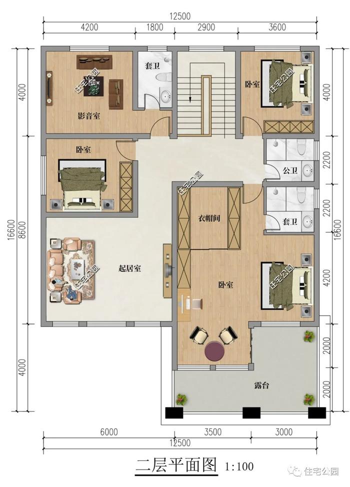 12×16米二层现代别墅，大客厅+大套卧居住舒适度更佳