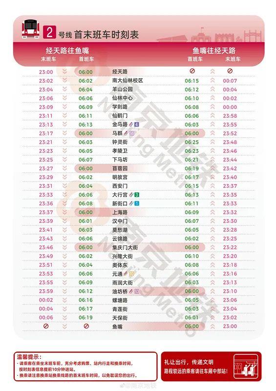 收藏！2023年南京地铁运营时间表