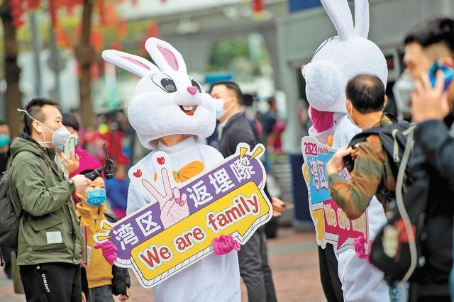 1月8日,深港有序恢复通关首日,工作人员扮演成小兔子迎接通关旅客。 深圳特区报记者 刘羽洁 摄