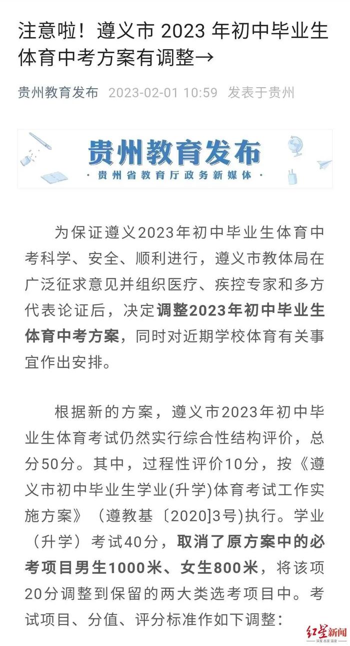 2月1日,贵州省教育厅转发遵义调整体育中考的消息