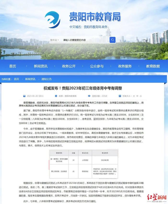 1月20日,贵阳市教育局发布调整体育中考的消息