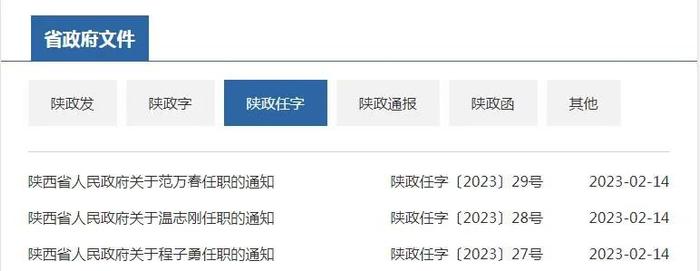 陕西省政府发布任职通知