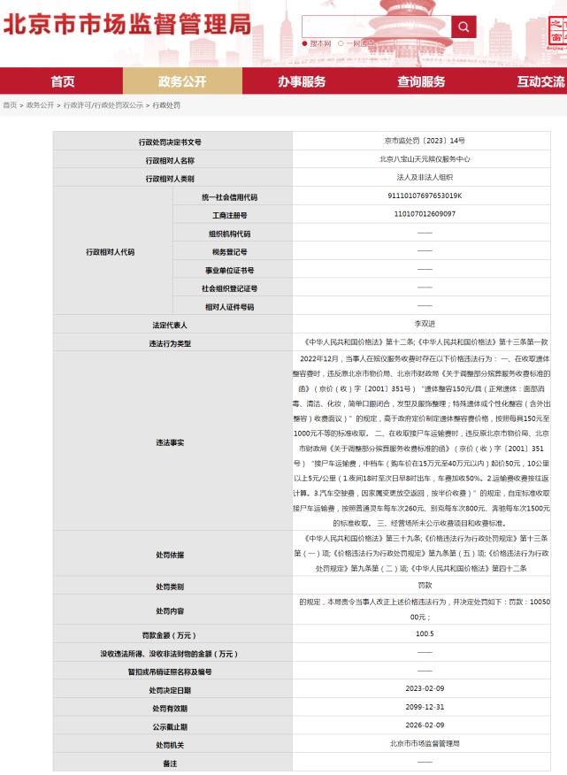 违规收费！北京两殡仪服务企业被罚百万