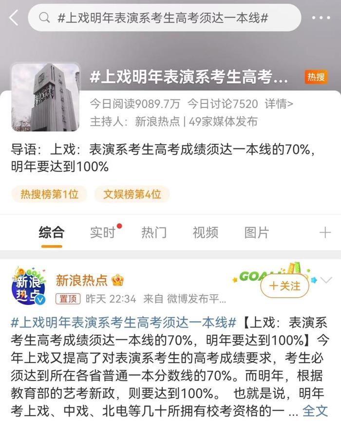 上海戏剧学院明年表演系高考须达一本线？误读！