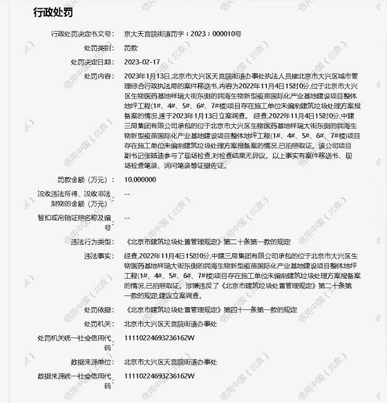 中建三局因违反建筑垃圾处置管理规定被罚10万元