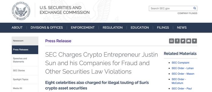 美国SEC指控孙宇晨及其公司欺诈交易并通过名人非法推广加密代币