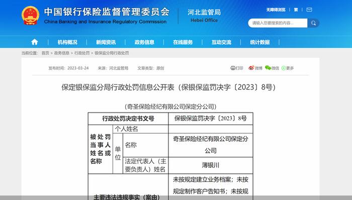 因未按规定制作客户告知书等，奇圣保险经纪保定分公司合计被罚3.2万元