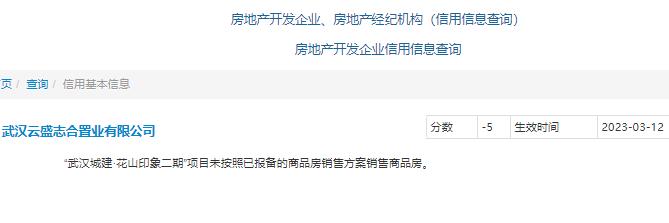 花山印象二期未按报备方案销售商品房 开发商武汉云盛志合置业被扣信用分