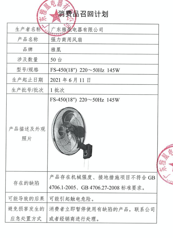 广东雅凰电器有限公司召回50台强力商用风扇