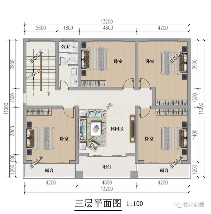 挑空客厅+豪华套卧+独立阳台，13×11米三层农村别墅