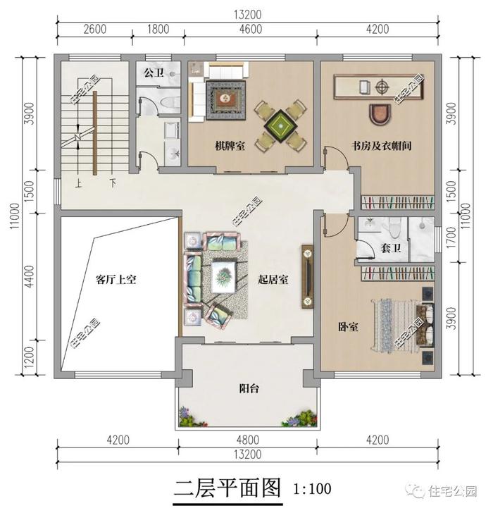 挑空客厅+豪华套卧+独立阳台，13×11米三层农村别墅